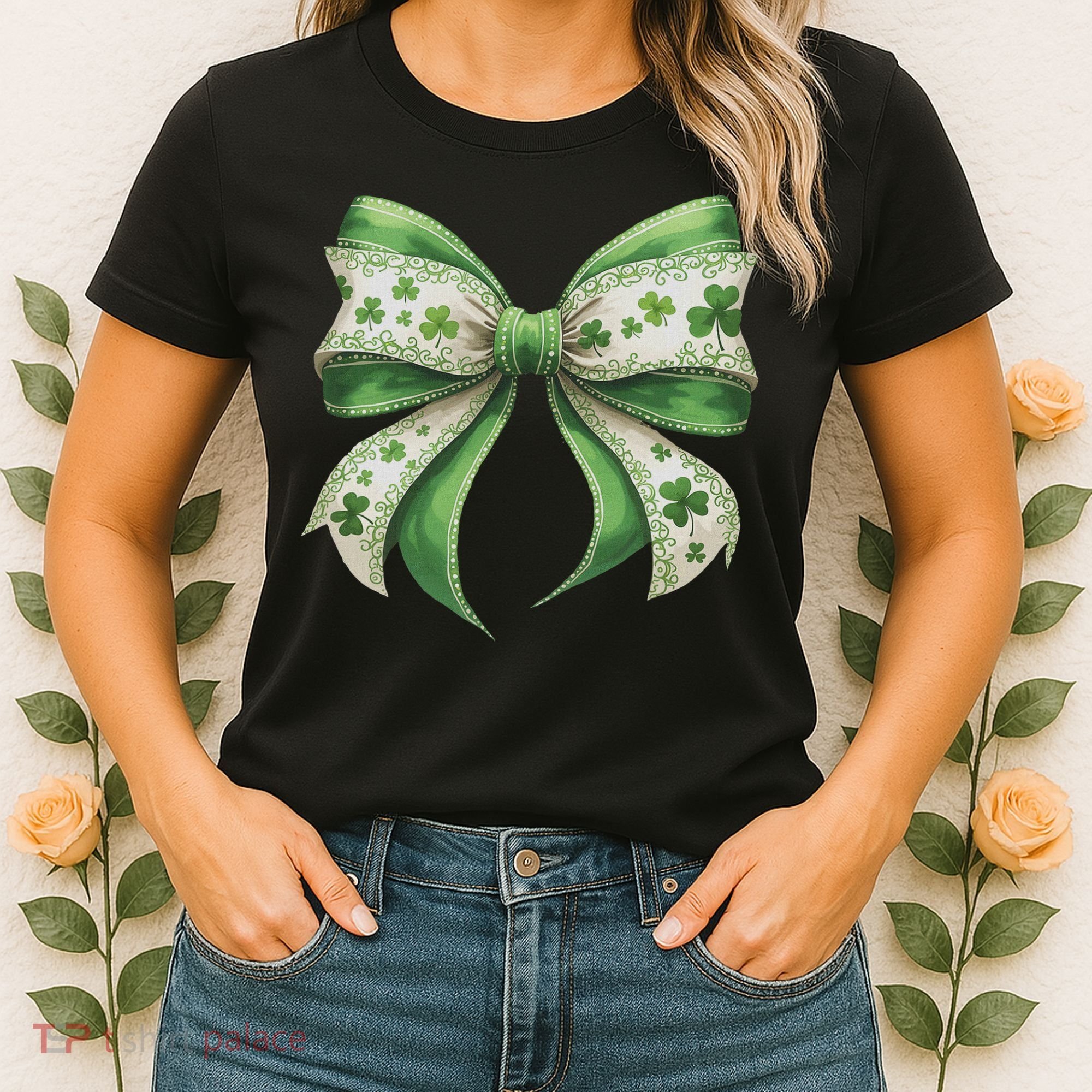 Cute Retro St Patricks Day Lucky Green Shamrock Coquette Bow Women's T-Shirt