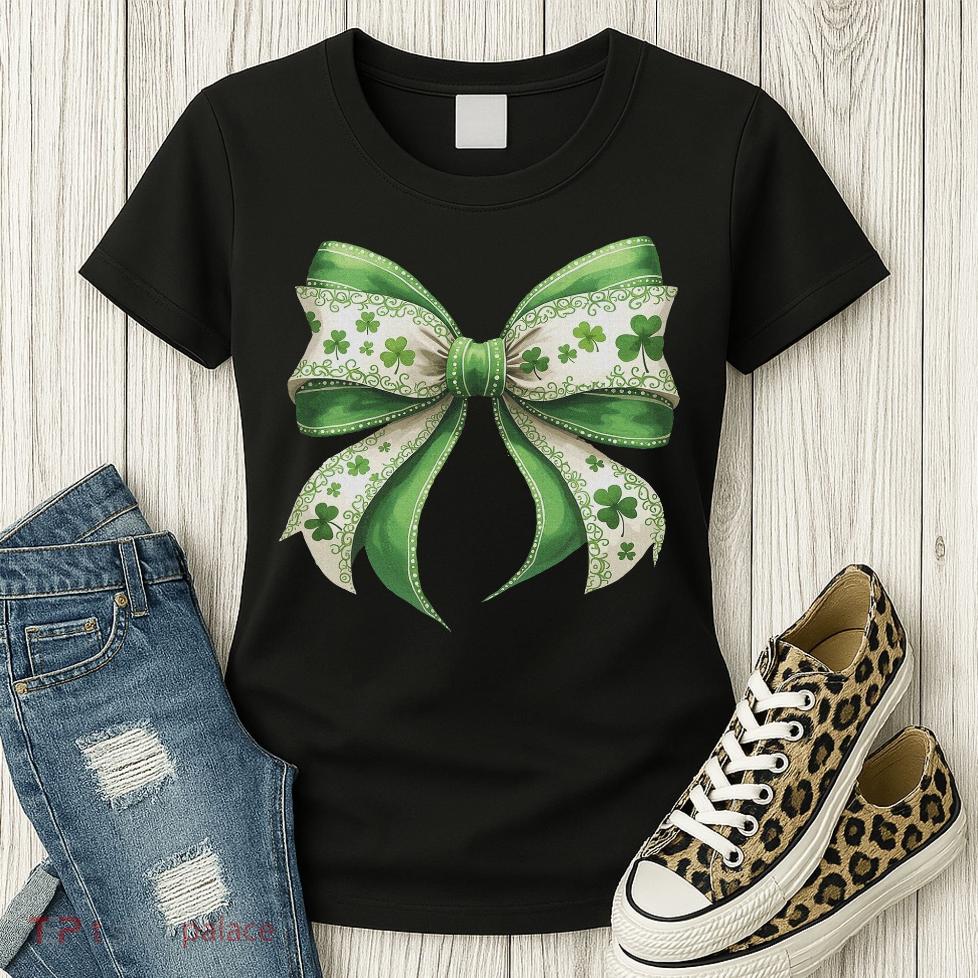Cute Retro St Patricks Day Lucky Green Shamrock Coquette Bow Women's T-Shirt