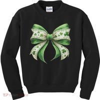 Cute Retro St Patricks Day Lucky Green Shamrock Coquette Bow Kids Sweatshirt thumb 0