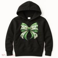 Cute Retro St Patricks Day Lucky Green Shamrock Coquette Bow Kids Hoodie thumb 0