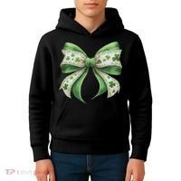 Cute Retro St Patricks Day Lucky Green Shamrock Coquette Bow Kids Hoodie thumb 4
