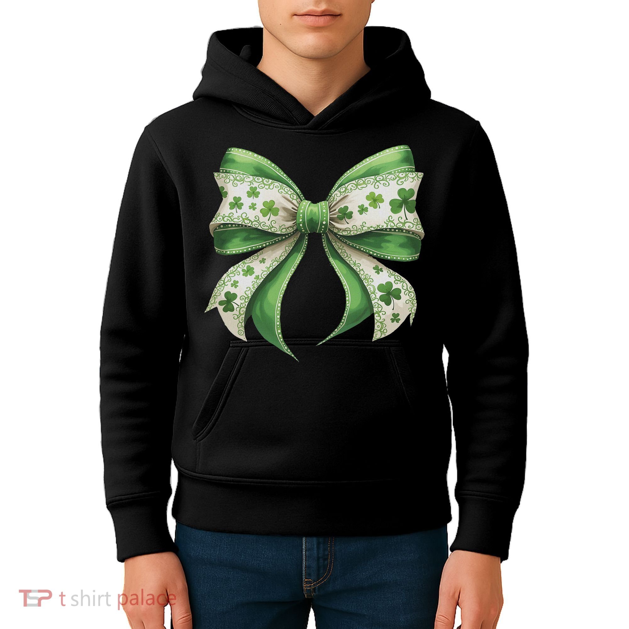 Cute Retro St Patricks Day Lucky Green Shamrock Coquette Bow Kids Hoodie