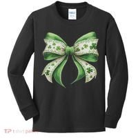 Cute Retro St Patricks Day Lucky Green Shamrock Coquette Bow Kids Long Sleeve Shirt thumb 0