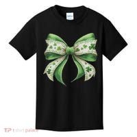 Cute Retro St Patricks Day Lucky Green Shamrock Coquette Bow Kids T-Shirt thumb 0