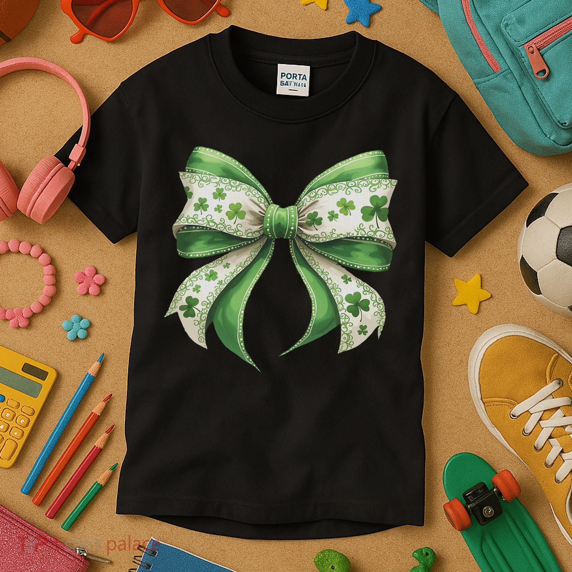 Cute Retro St Patricks Day Lucky Green Shamrock Coquette Bow Kids T-Shirt