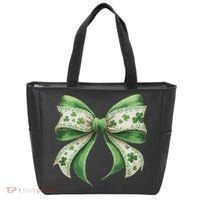 Cute Retro St Patricks Day Lucky Green Shamrock Coquette Bow Tote Bag thumb 0