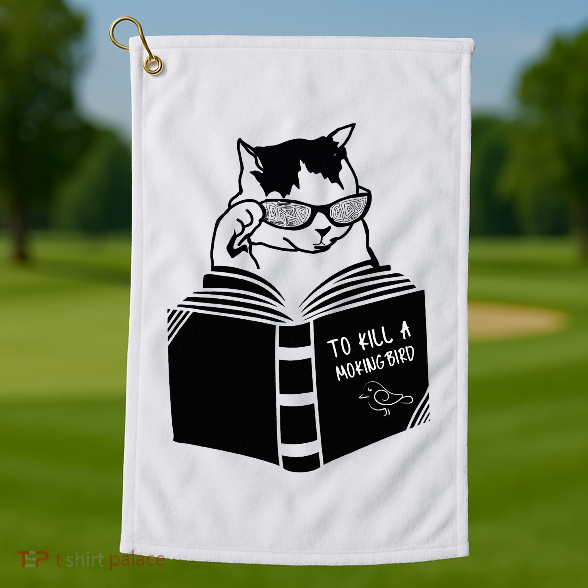 Cat Reading To Kill A Mockingbird Funny Golf Towel