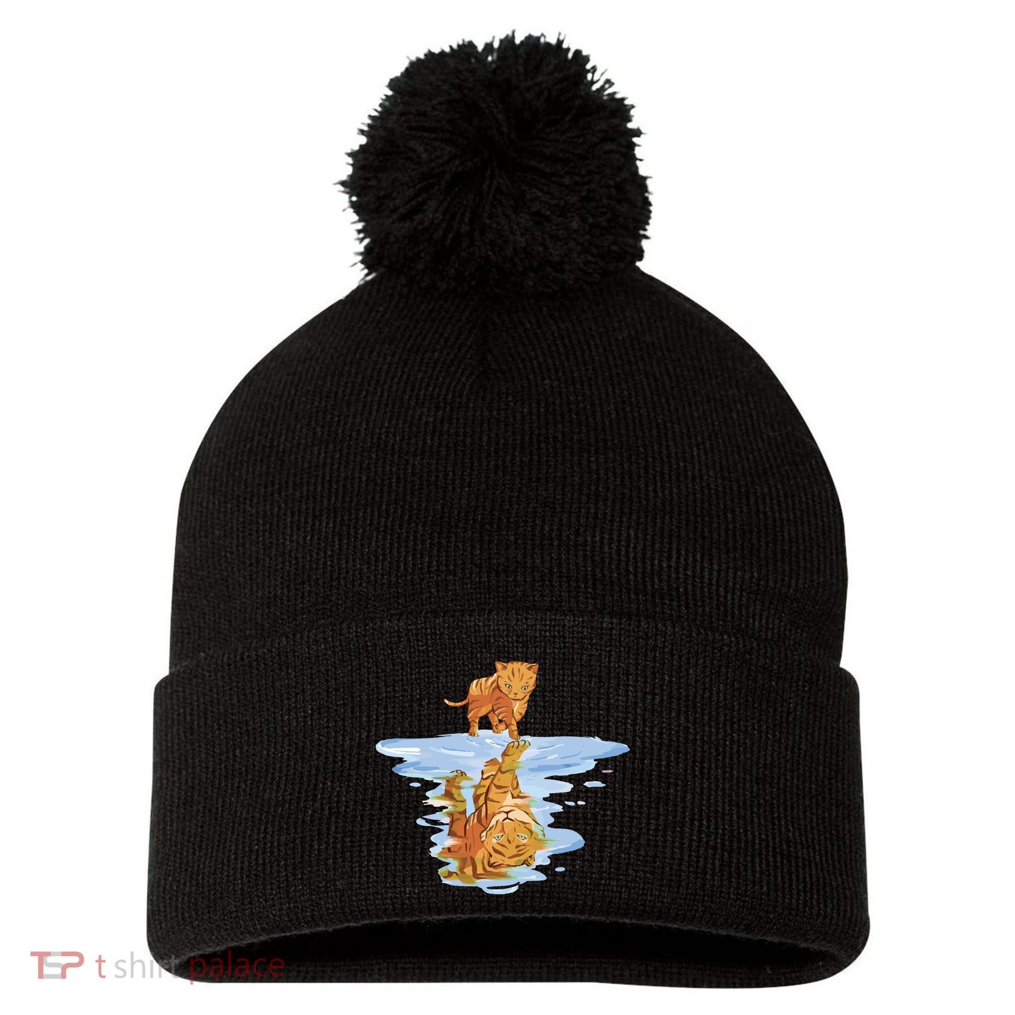 Cat Reflecting Tiger Pom Pom 12in Knit Beanie