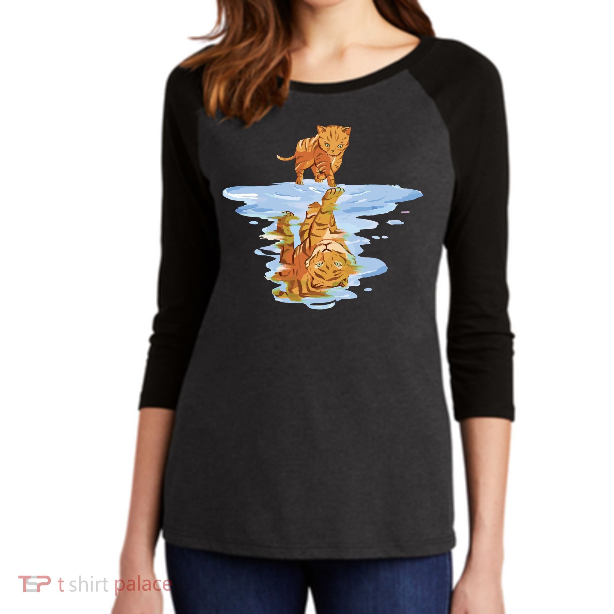 Cat Reflecting Tiger Women's Tri-Blend 3/4-Sleeve Raglan Shirt