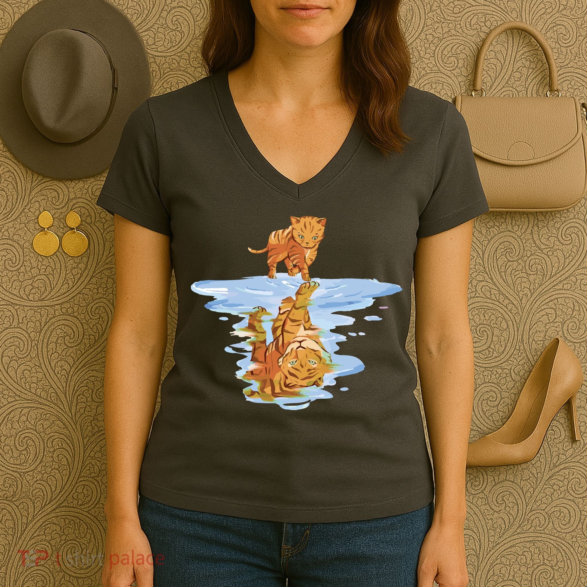 Cat Reflecting Tiger Women's V-Neck T-Shirt