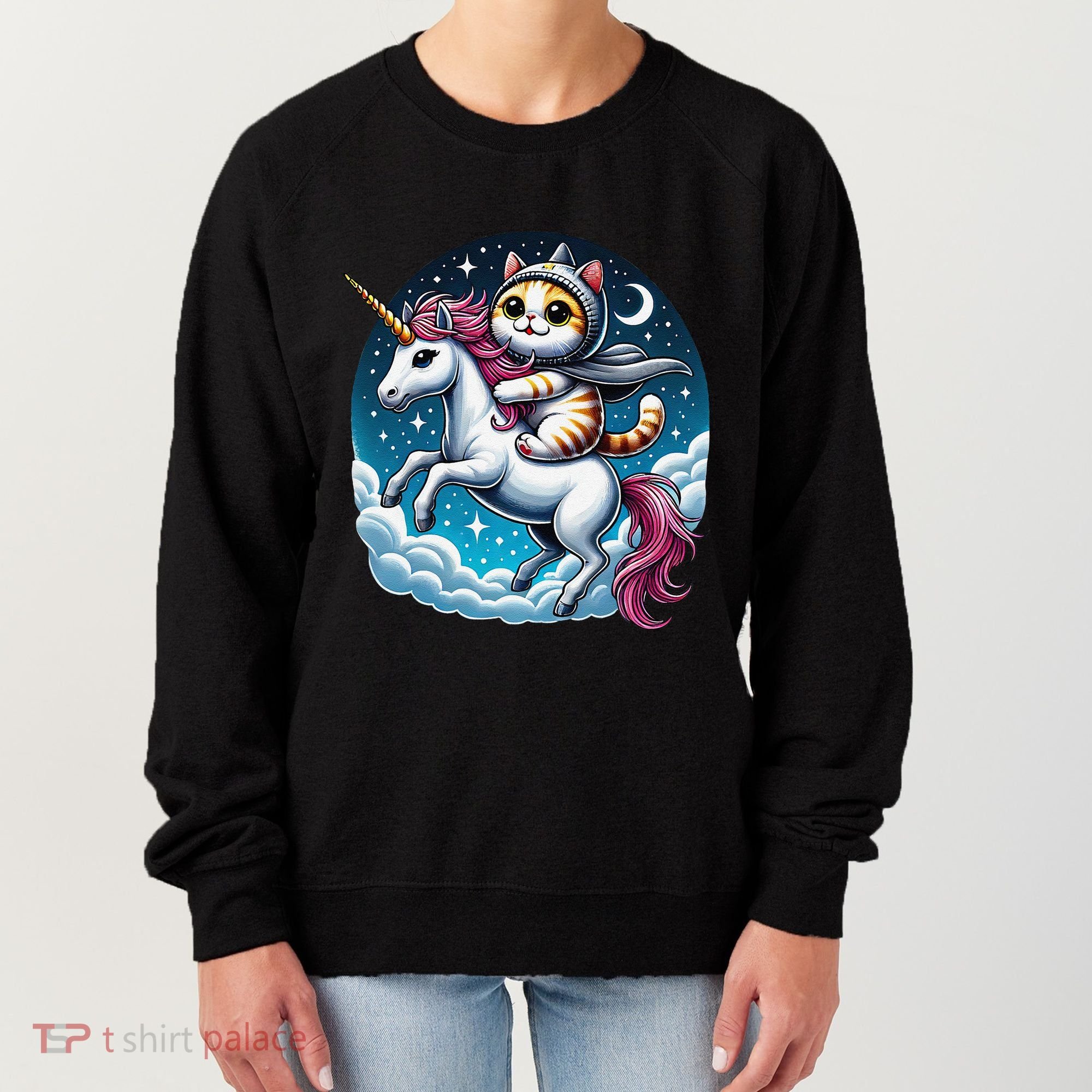 Cat Riding Unicorn Funny Imagination Cute Cat And Unicorn Women's Sweatshirt