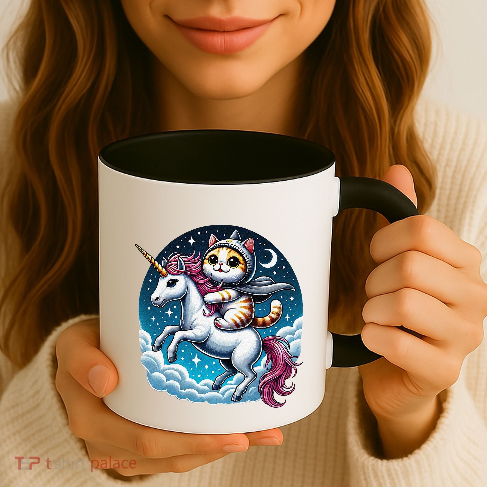 Cat Riding Unicorn Funny Imagination Cute Cat And Unicorn Coffee Mug