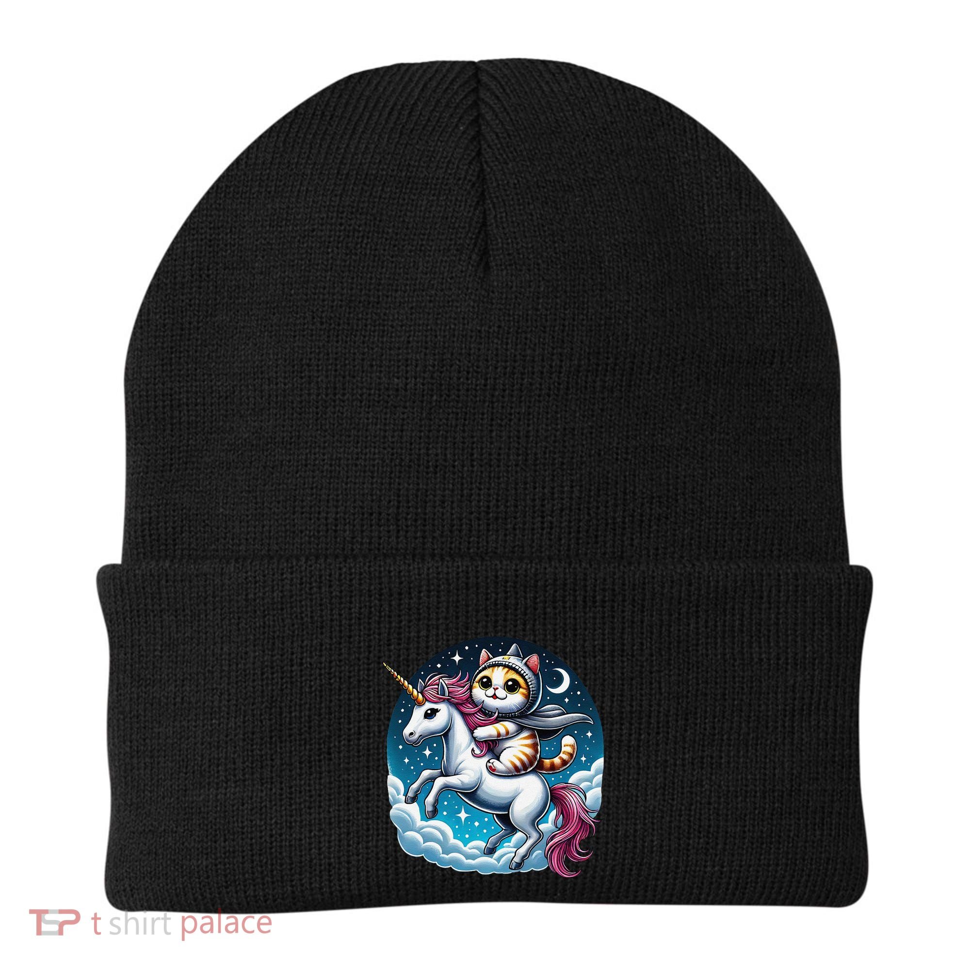 Cat Riding Unicorn Funny Imagination Cute Cat And Unicorn Beanie