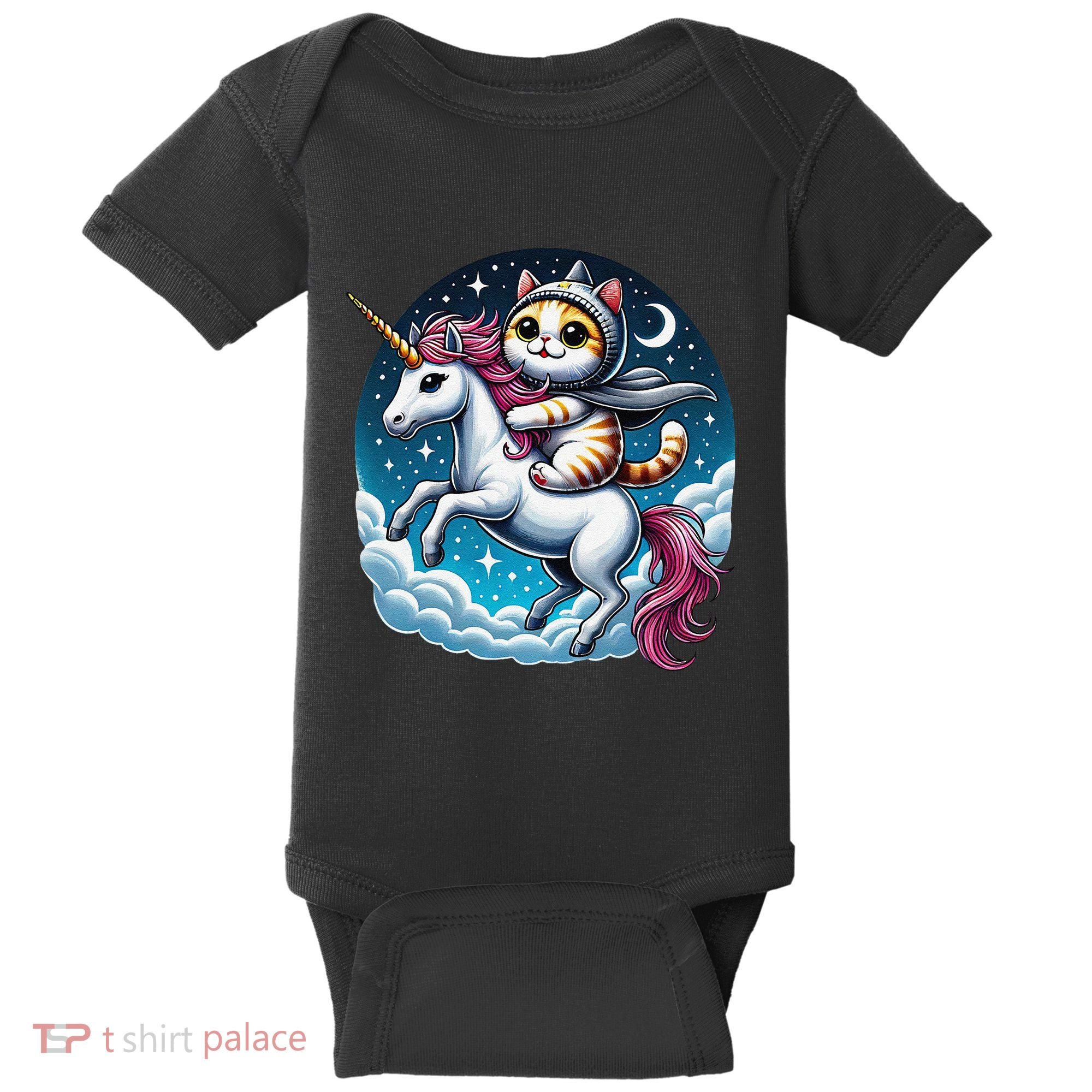 Cat Riding Unicorn Funny Imagination Cute Cat And Unicorn Baby Bodysuit
