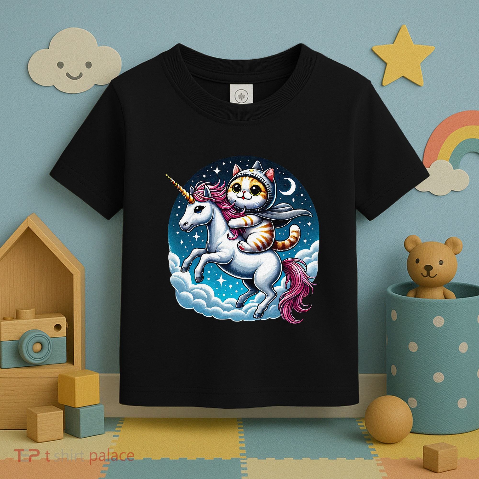 Cat Riding Unicorn Funny Imagination Cute Cat And Unicorn Toddler T-Shirt