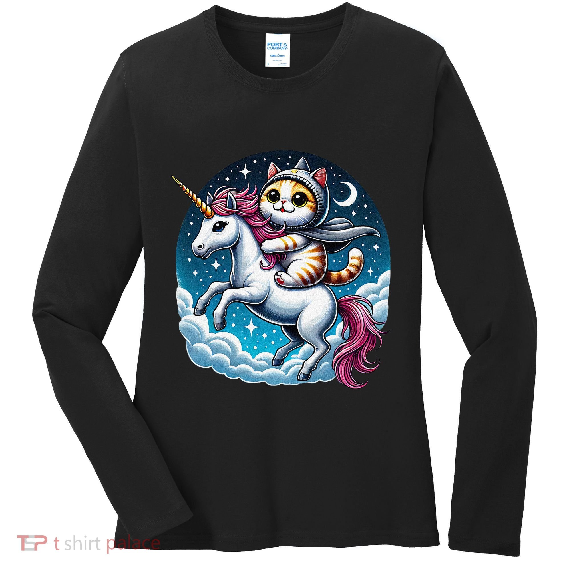 Cat Riding Unicorn Funny Imagination Cute Cat And Unicorn Women's Long Sleeve Shirt