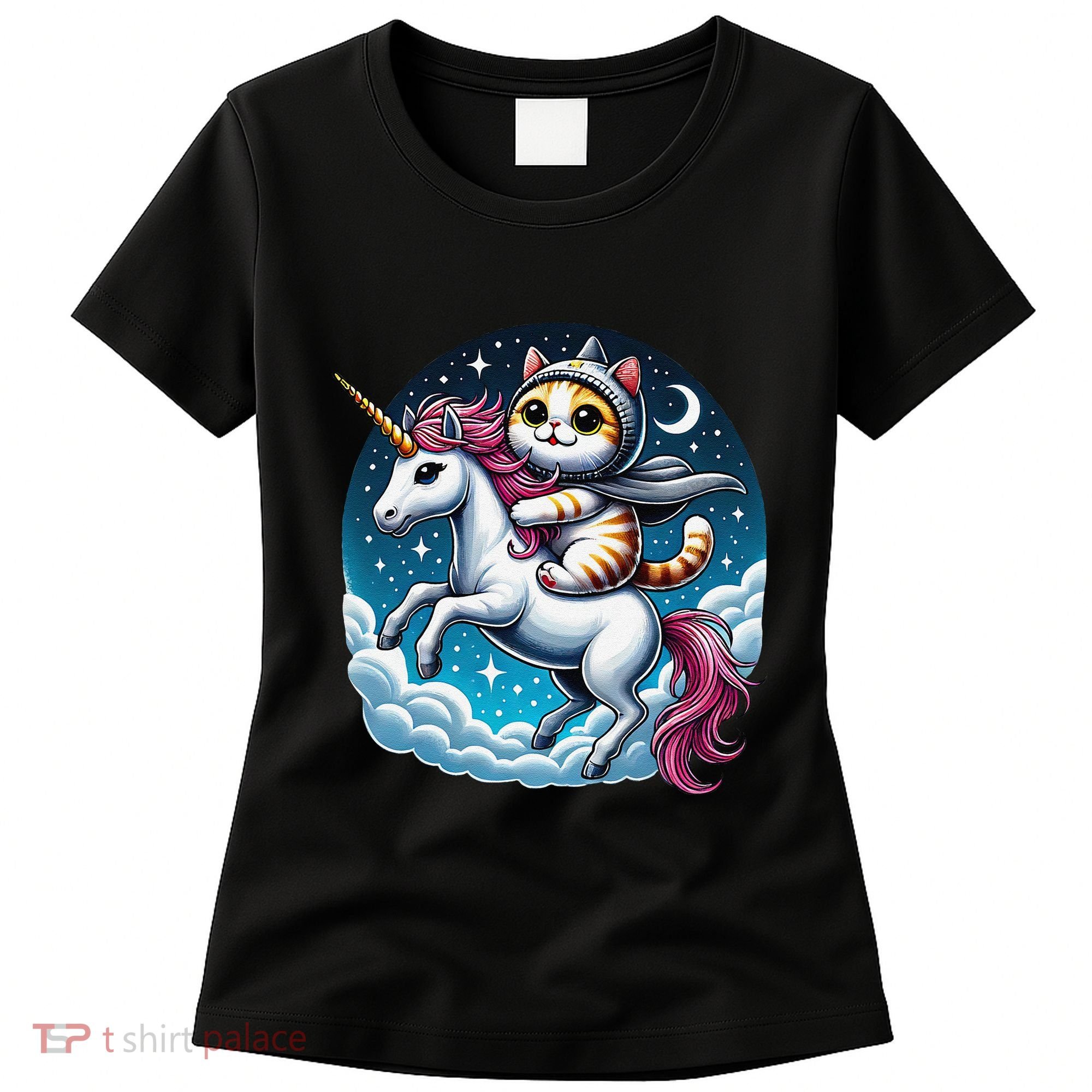 Cat Riding Unicorn Funny Imagination Cute Cat And Unicorn Women's T-Shirt