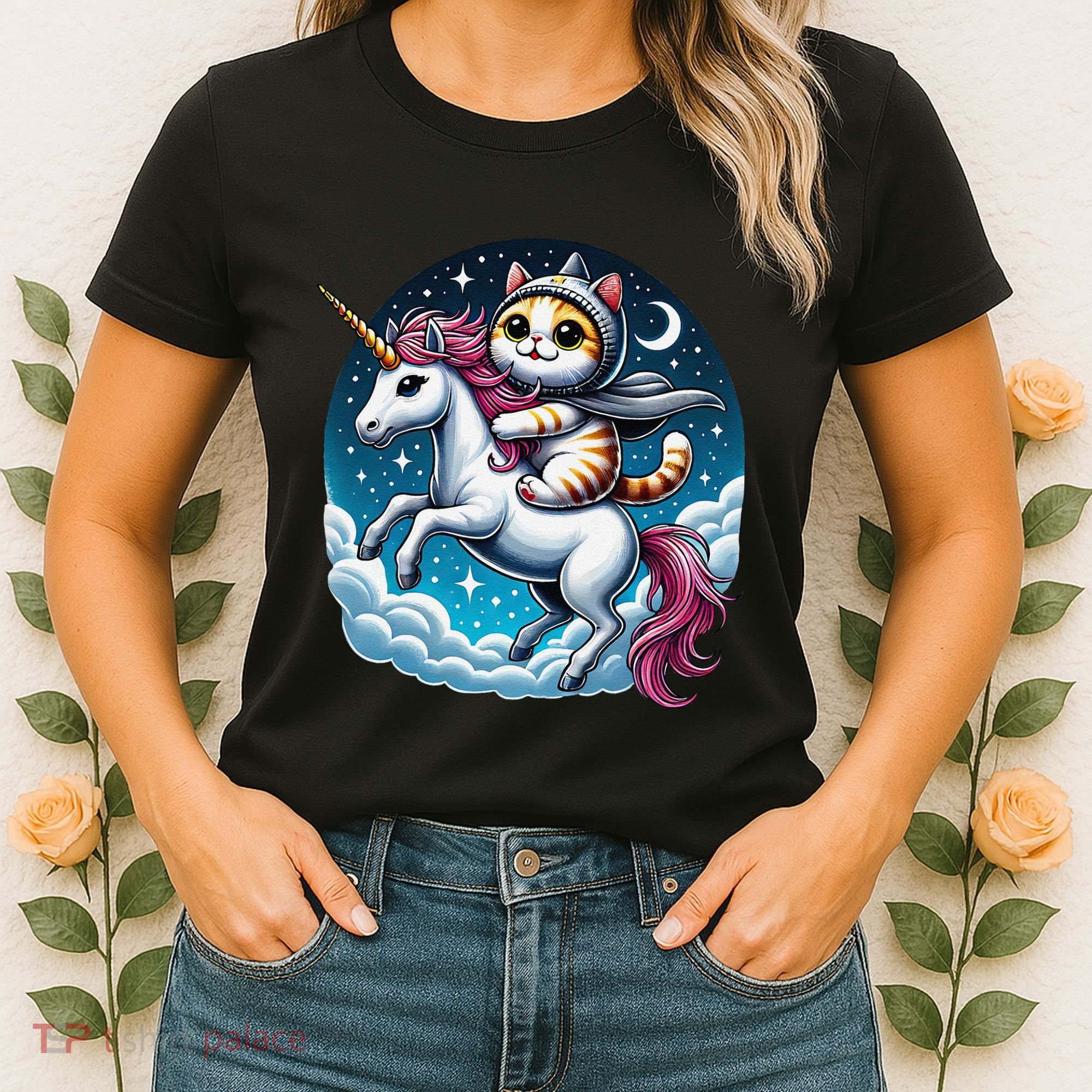 Cat Riding Unicorn Funny Imagination Cute Cat And Unicorn Women's T-Shirt