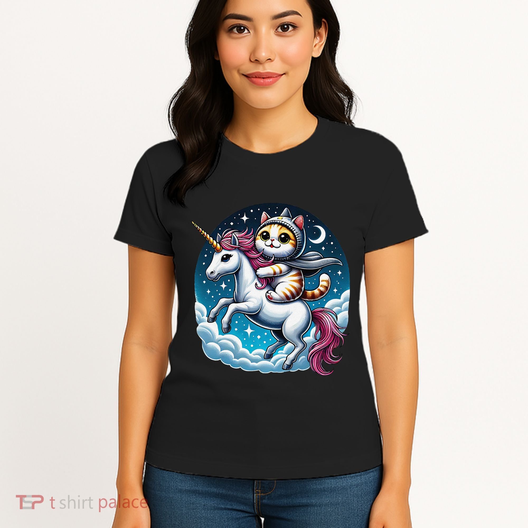 Cat Riding Unicorn Funny Imagination Cute Cat And Unicorn Women's T-Shirt