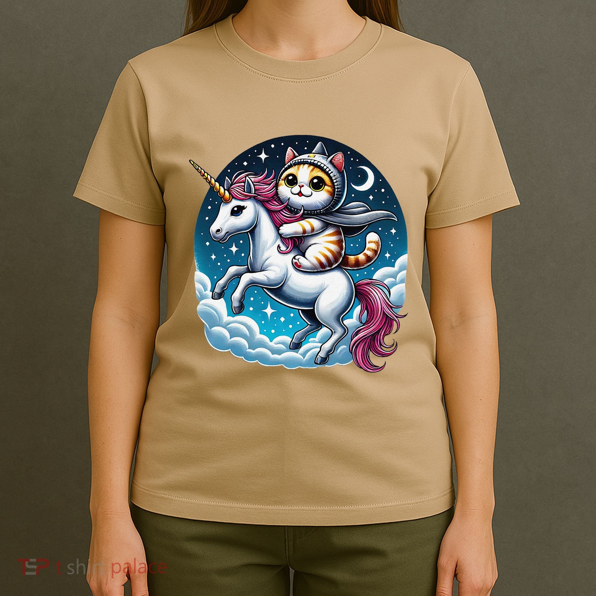 Cat Riding Unicorn Funny Imagination Cute Cat And Unicorn T-Shirt
