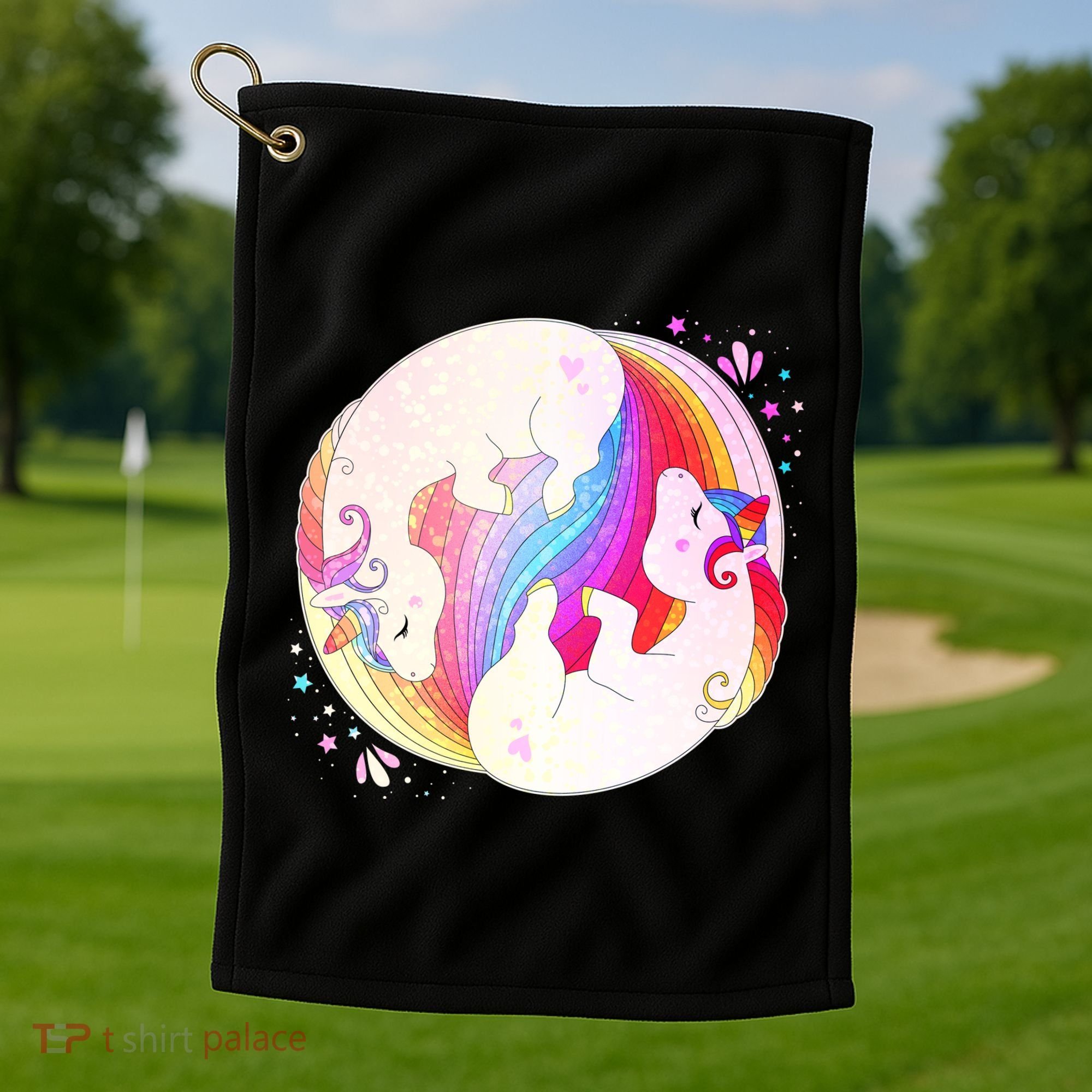 Cute Rainbow Unicorns Yin Yang Golf Towel
