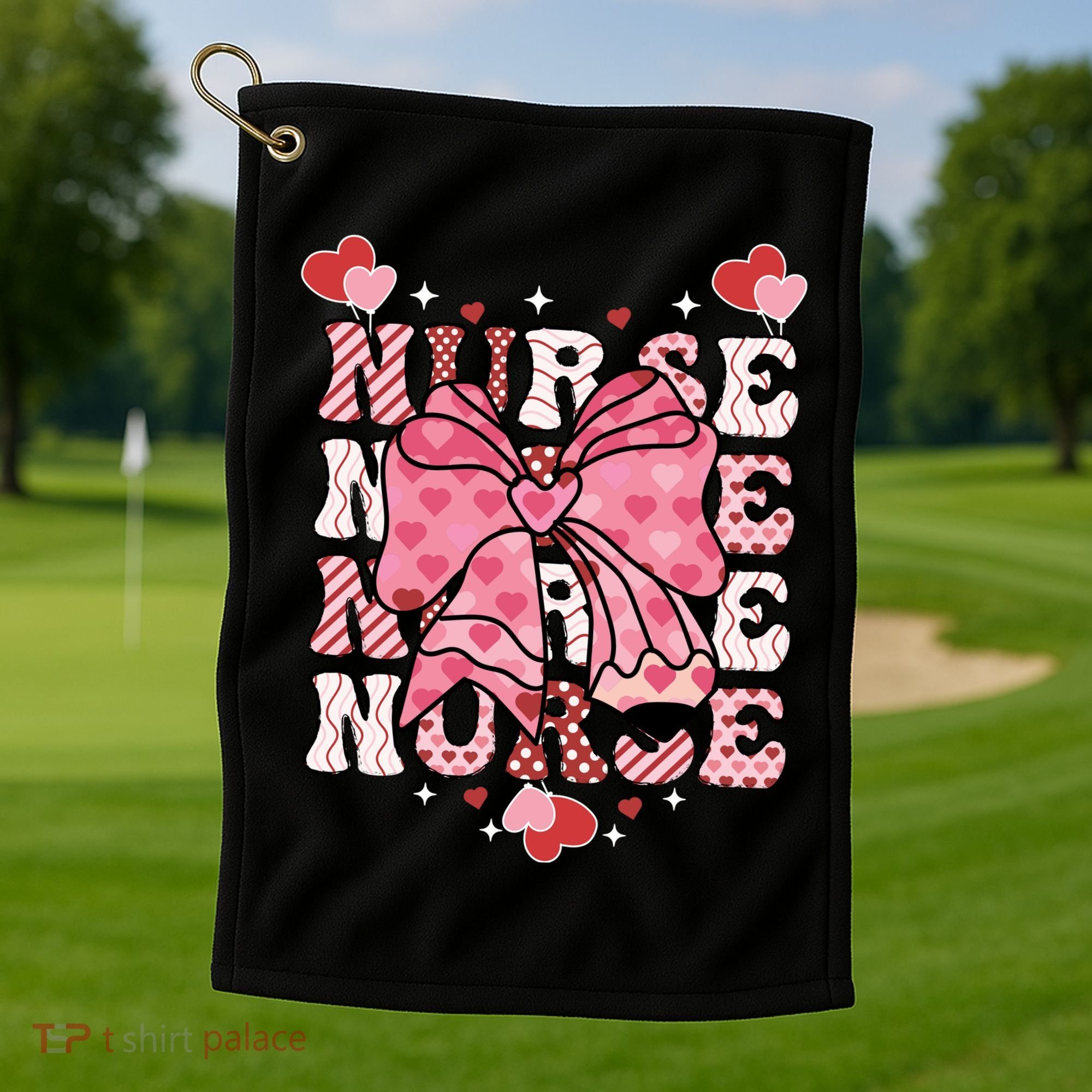 Cute Retro Valentines Day Nurse Heart Ribbon Golf Towel
