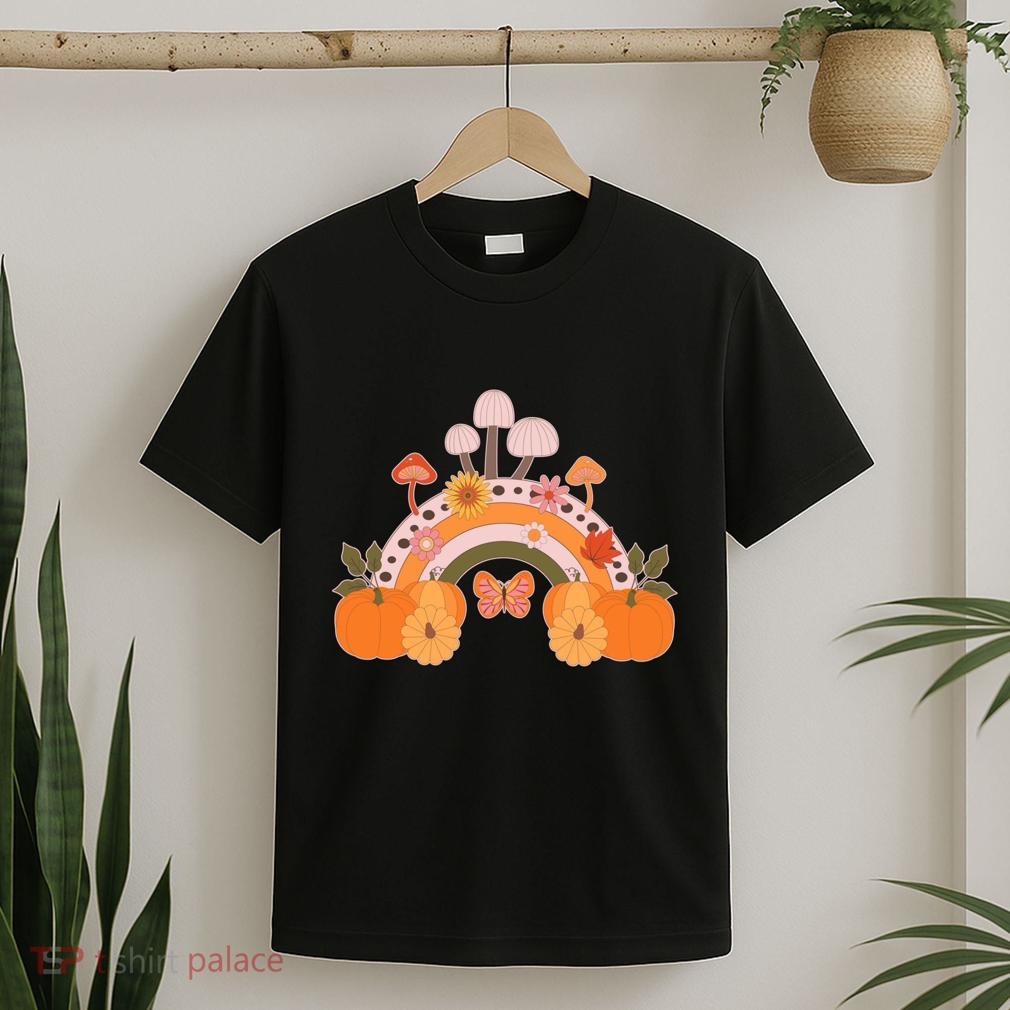 Cute Retro Vintage Fall Autumn Rainbow Mushrooms Pumpkins T-Shirt