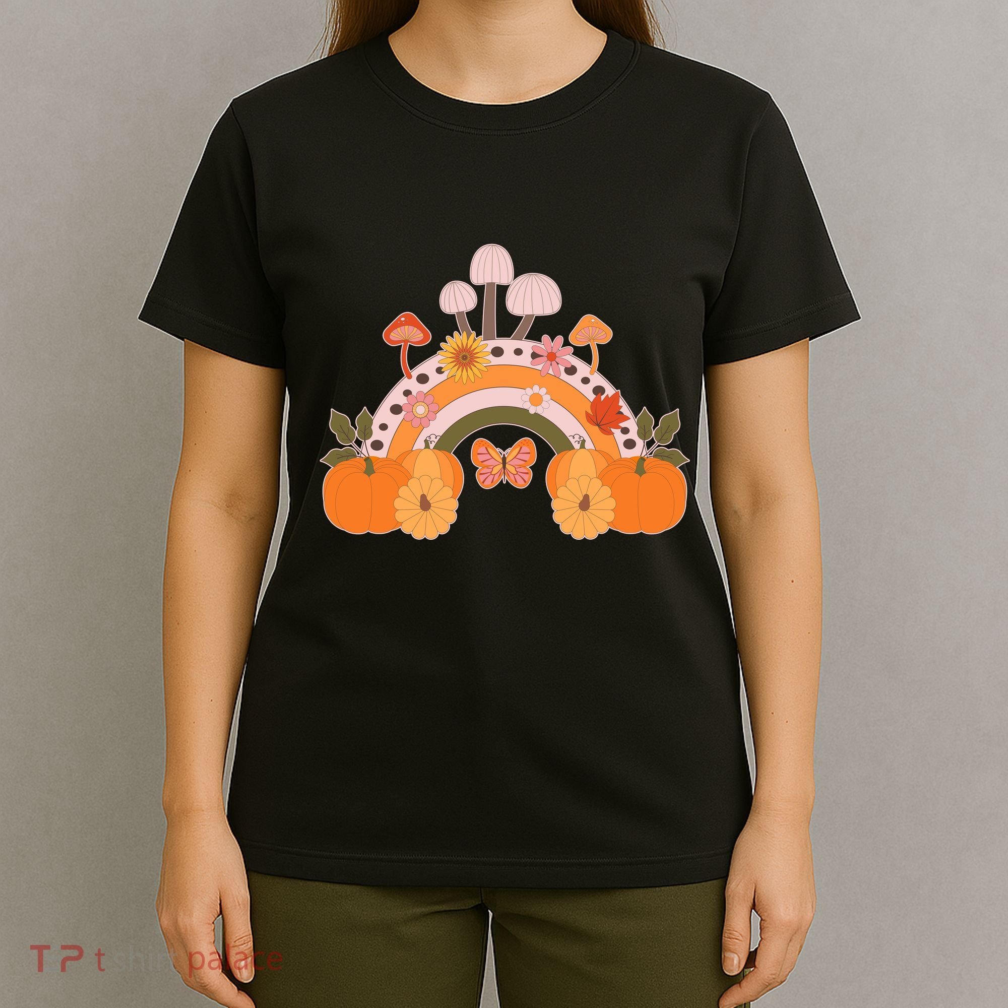 Cute Retro Vintage Fall Autumn Rainbow Mushrooms Pumpkins T-Shirt