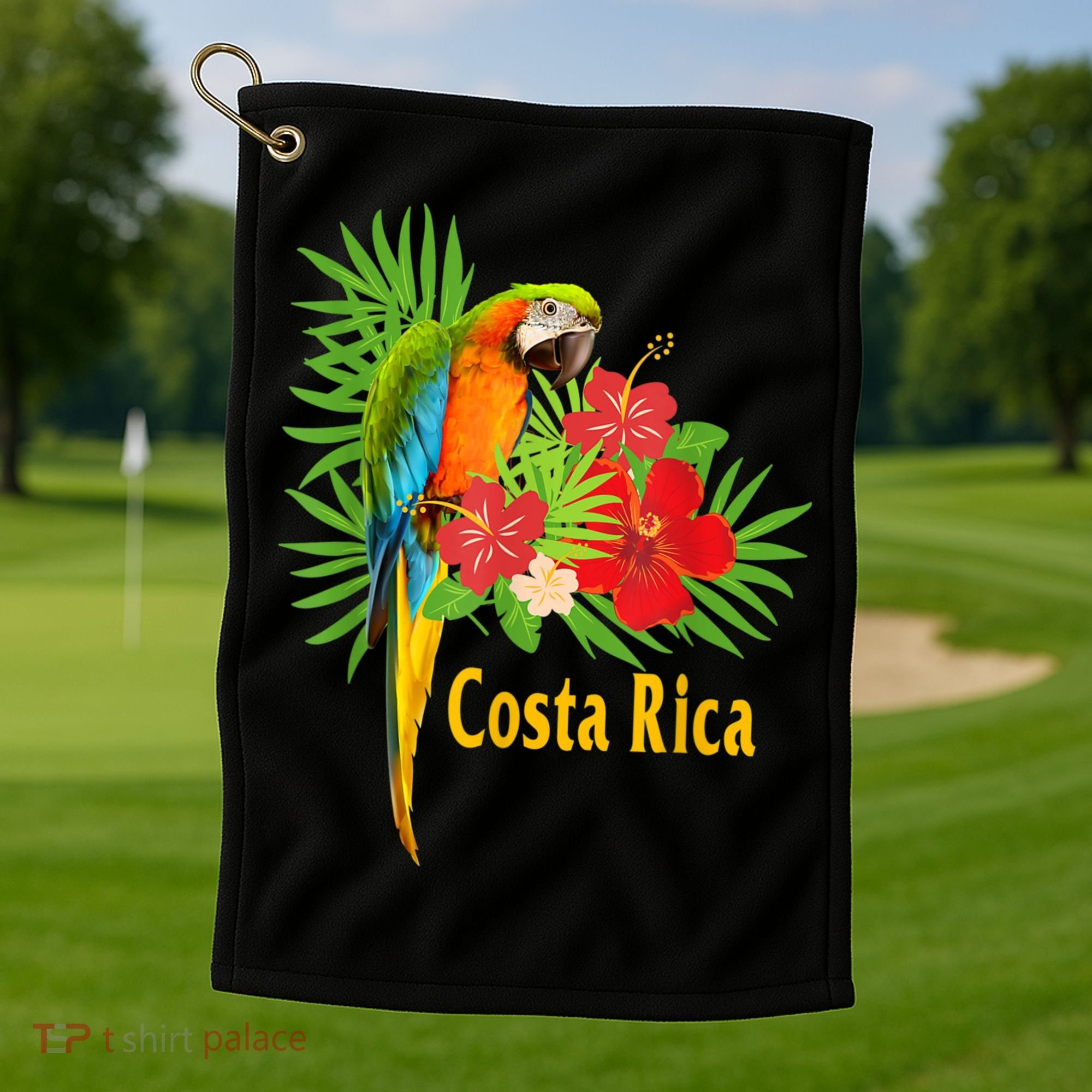 Costa Rica Vacation Parrot Tropical Flowers Golf Towel