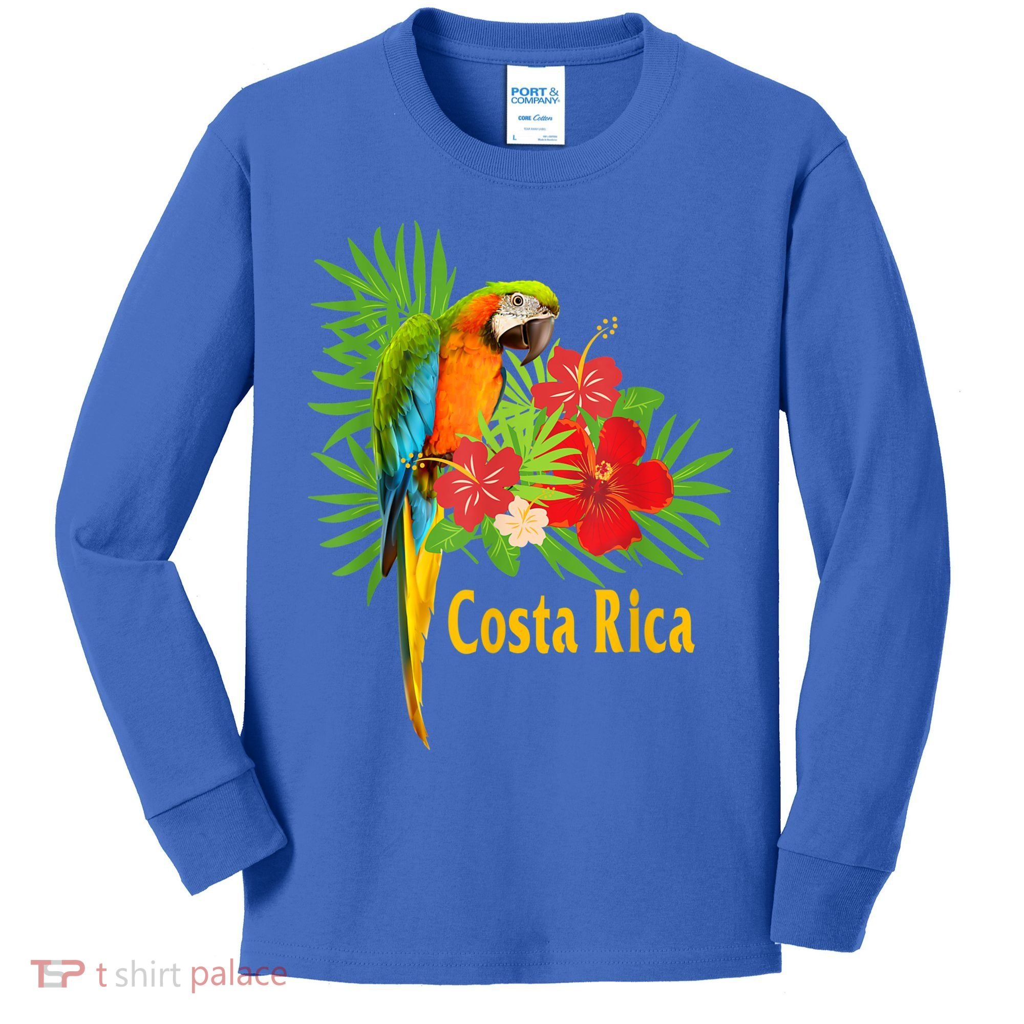 Costa Rica Vacation Parrot Tropical Flowers Kids Long Sleeve Shirt