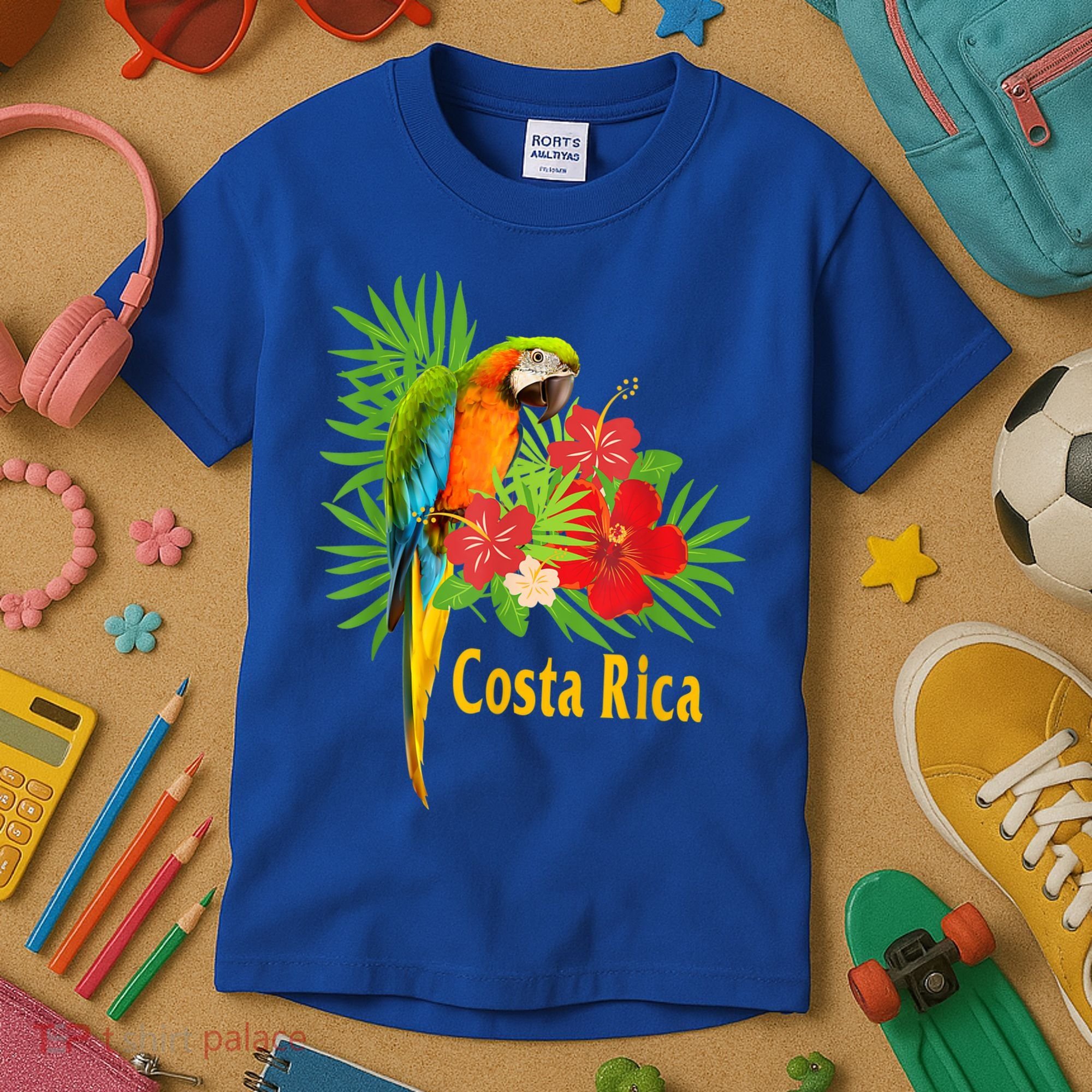 Costa Rica Vacation Parrot Tropical Flowers Kids T-Shirt