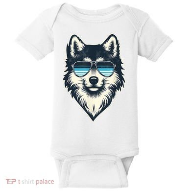 Cool Retro Wolf In Sunglasses 70s 80s 90s Novelty Funny Wolf Baby Bodysuit