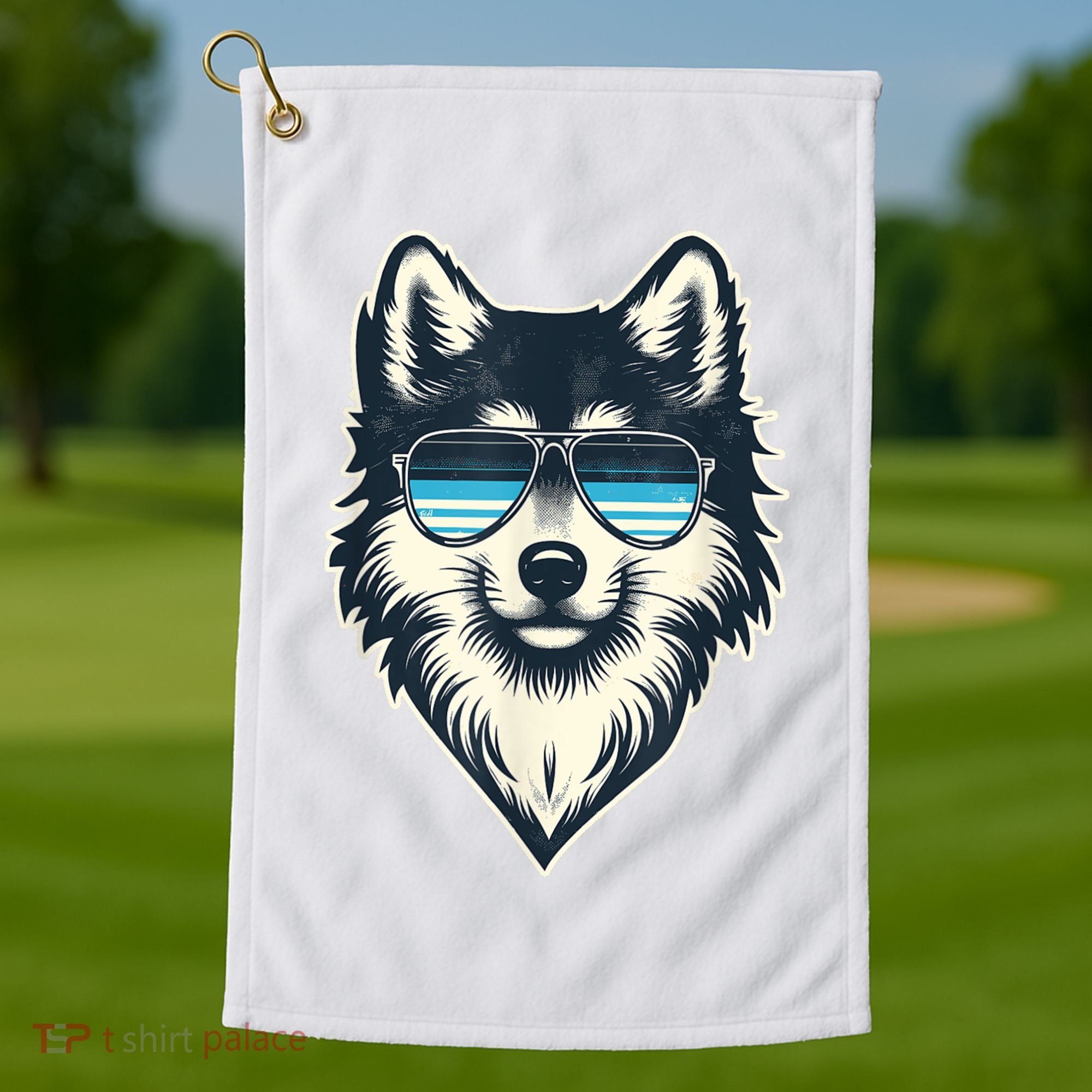Cool Retro Wolf In Sunglasses 70s 80s 90s Novelty Funny Wolf Golf Towel