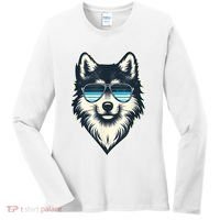 Cool Retro Wolf In Sunglasses 70s 80s 90s Novelty Funny Wolf Women's Long Sleeve Shirt thumb 0