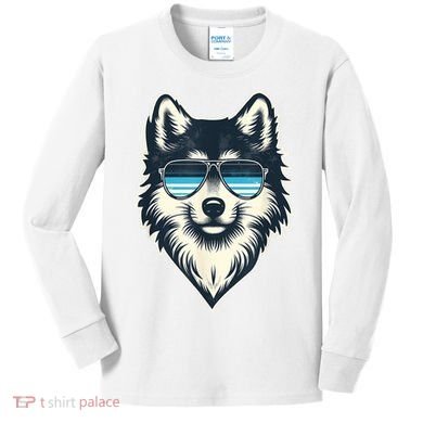 Cool Retro Wolf In Sunglasses 70s 80s 90s Novelty Funny Wolf Kids Long Sleeve Shirt