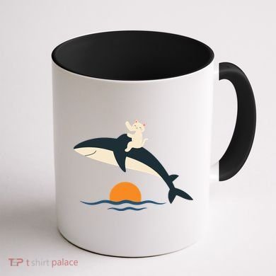 Cat Riding Whale Vintage Ocean Sunset Coffee Mug back