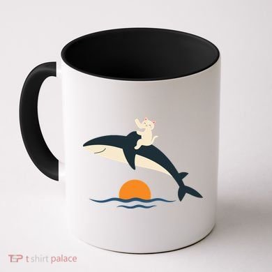 Cat Riding Whale Vintage Ocean Sunset Coffee Mug