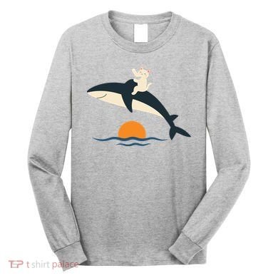 Cat Riding Whale Vintage Ocean Sunset Long Sleeve Shirt