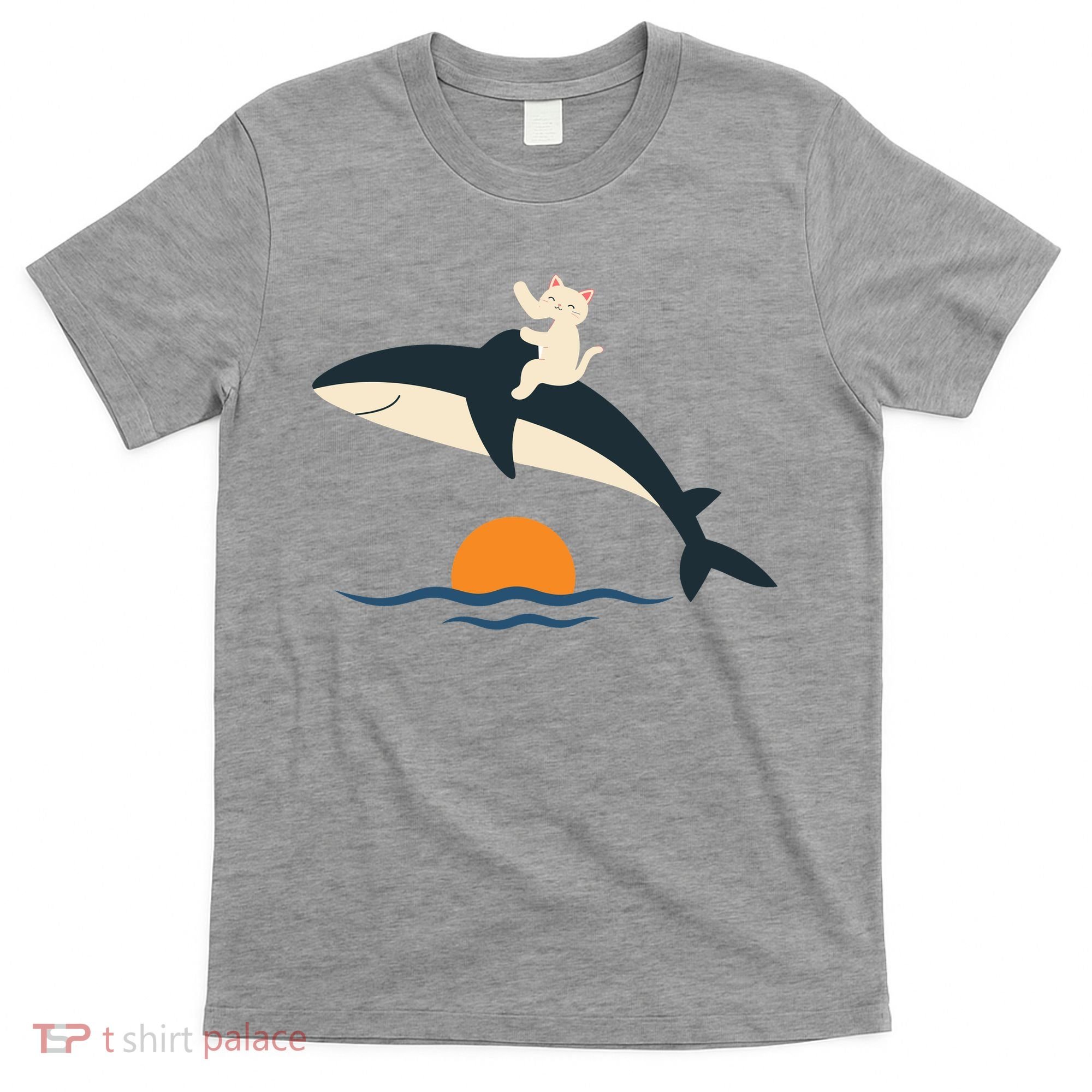 Cat Riding Whale Vintage Ocean Sunset T-Shirt