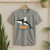 Cat Riding Whale Vintage Ocean Sunset T-Shirt thumb 2