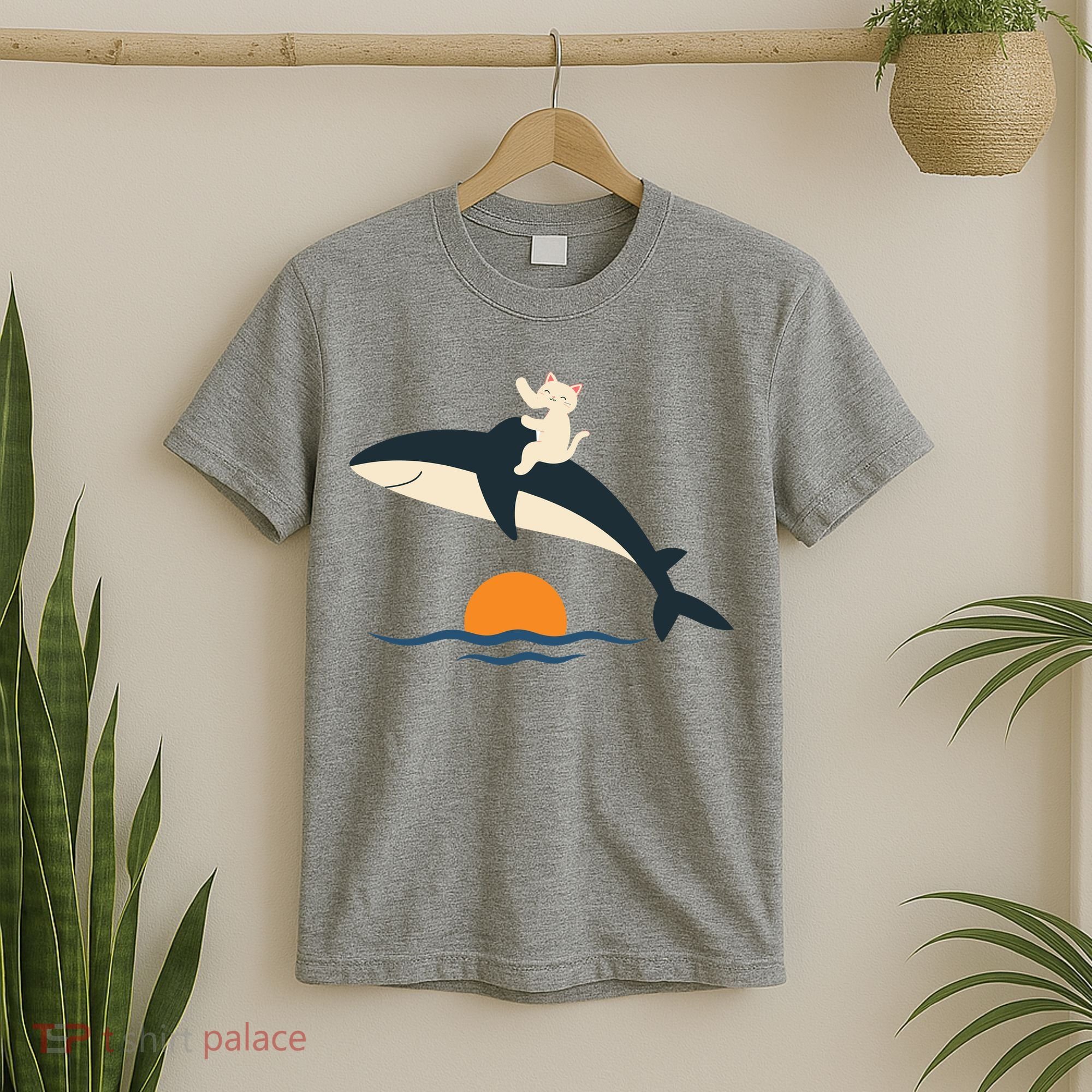 Cat Riding Whale Vintage Ocean Sunset T-Shirt