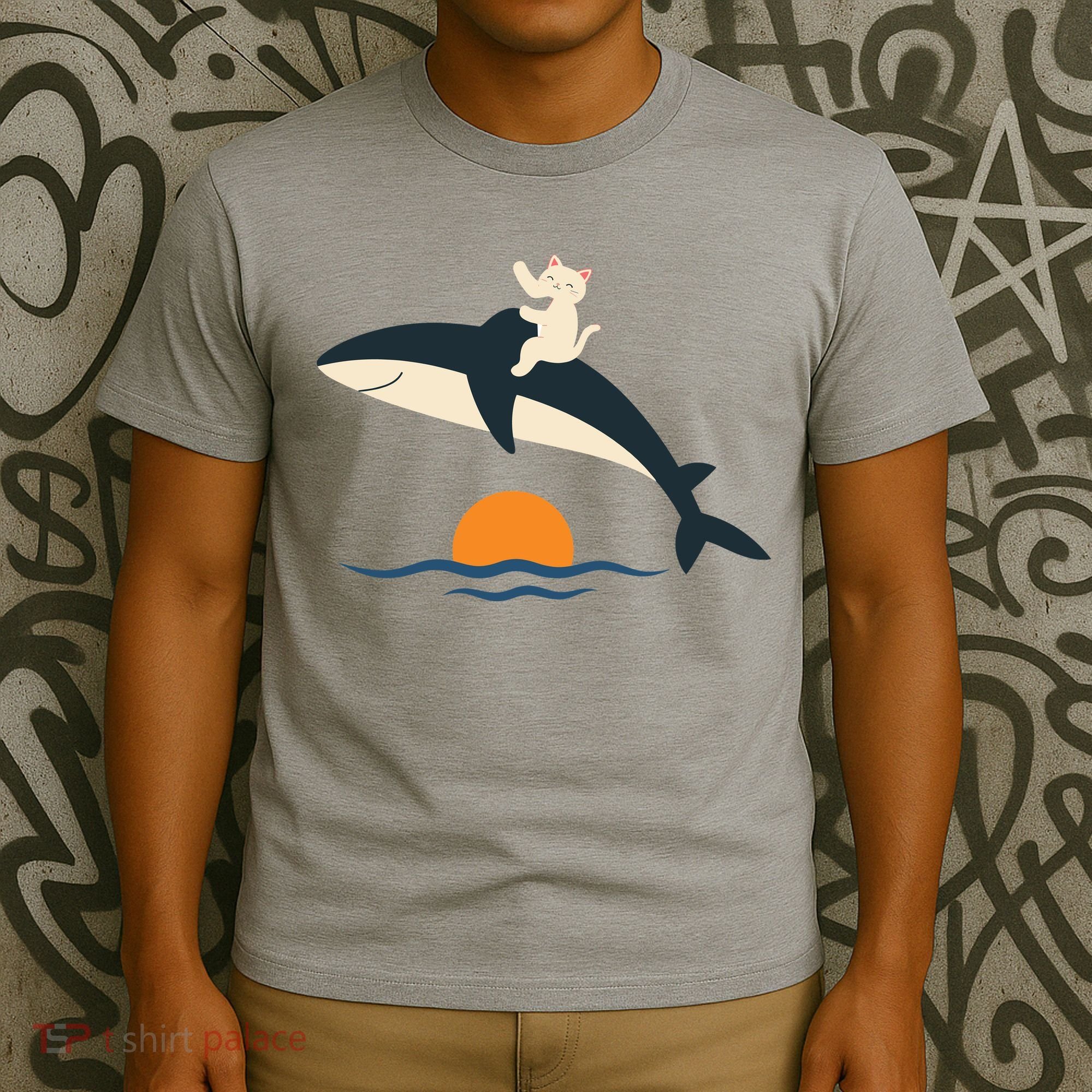 Cat Riding Whale Vintage Ocean Sunset T-Shirt