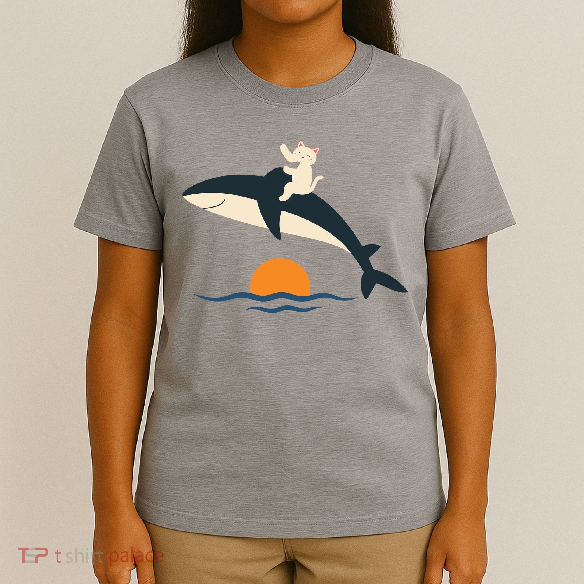 Cat Riding Whale Vintage Ocean Sunset T-Shirt