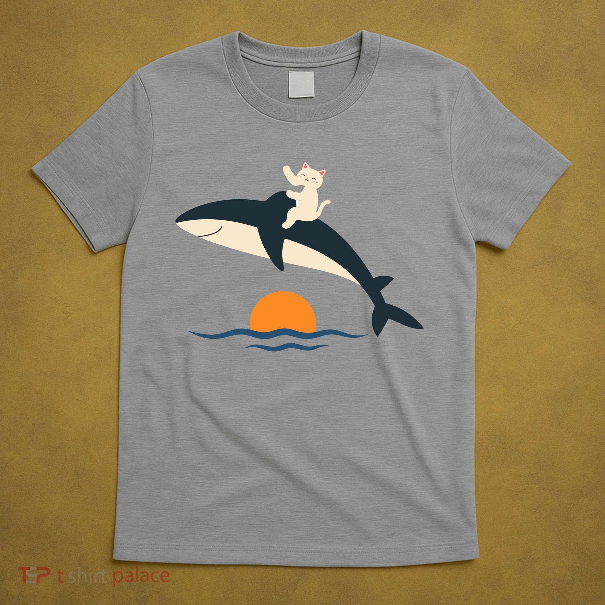 Cat Riding Whale Vintage Ocean Sunset T-Shirt