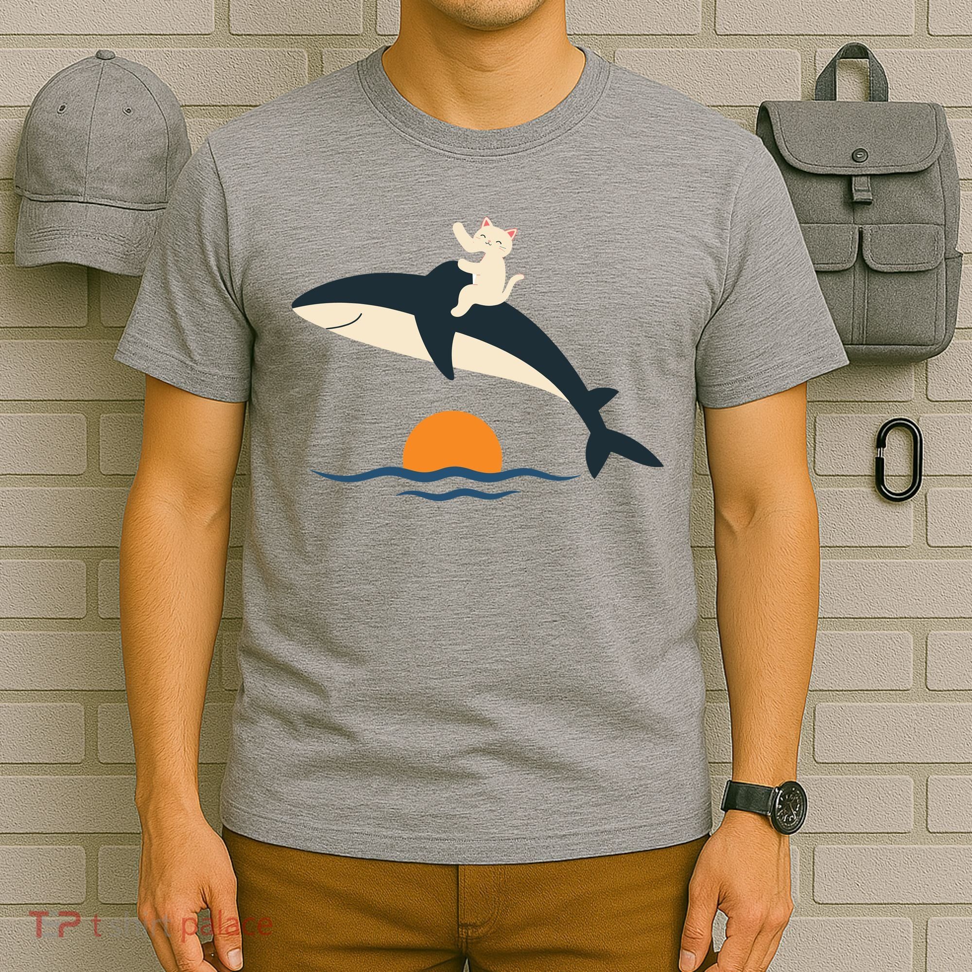 Cat Riding Whale Vintage Ocean Sunset T-Shirt