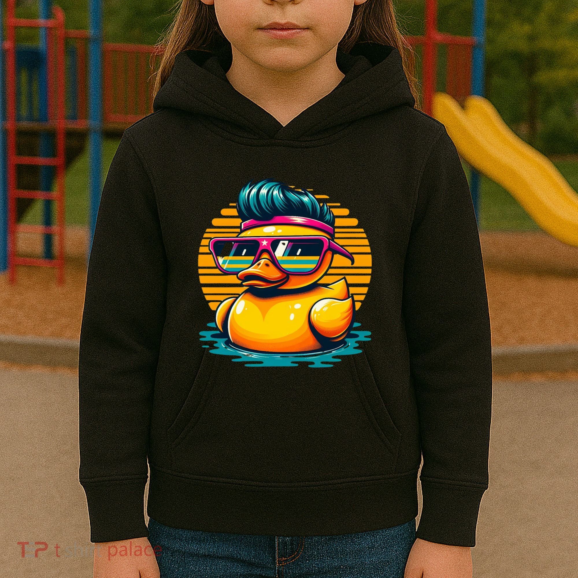 Cool Retro Yellow Duck In Sunglasses 70s 80s 90s Funny Duck Kids Hoodie