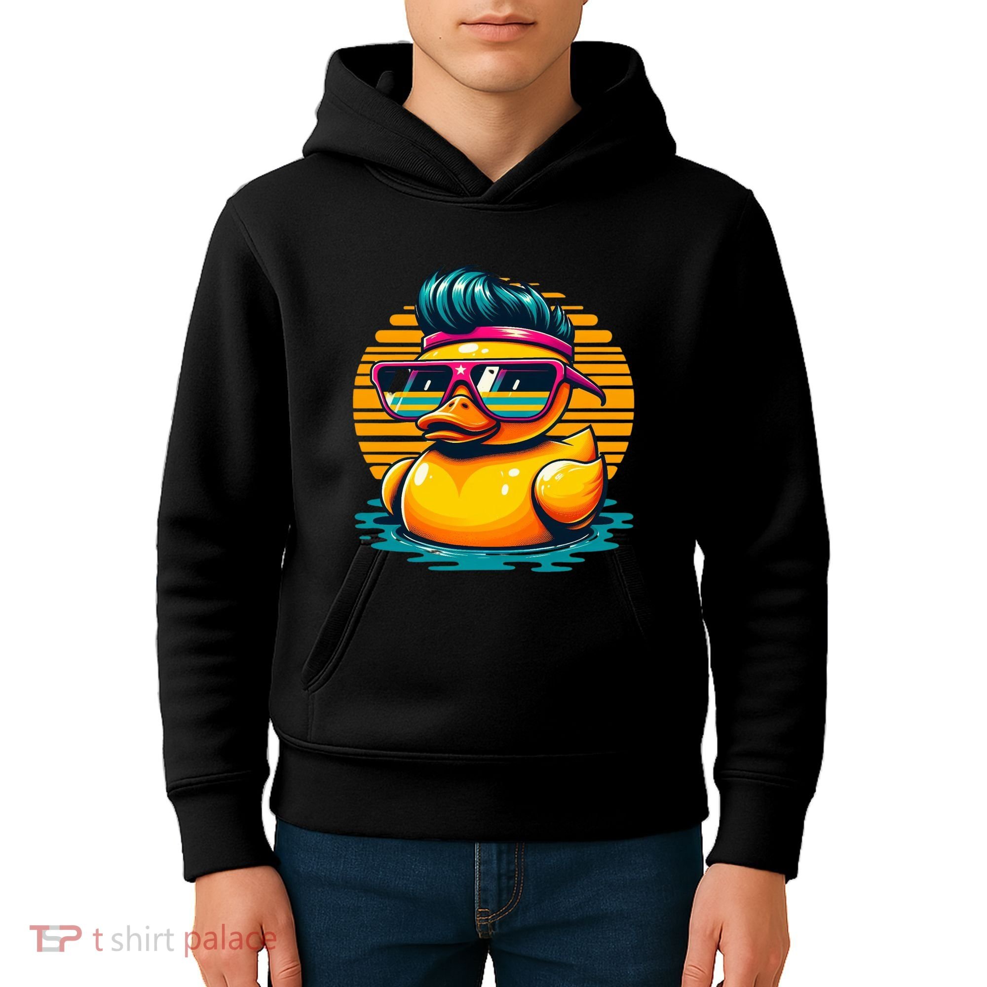 Cool Retro Yellow Duck In Sunglasses 70s 80s 90s Funny Duck Kids Hoodie