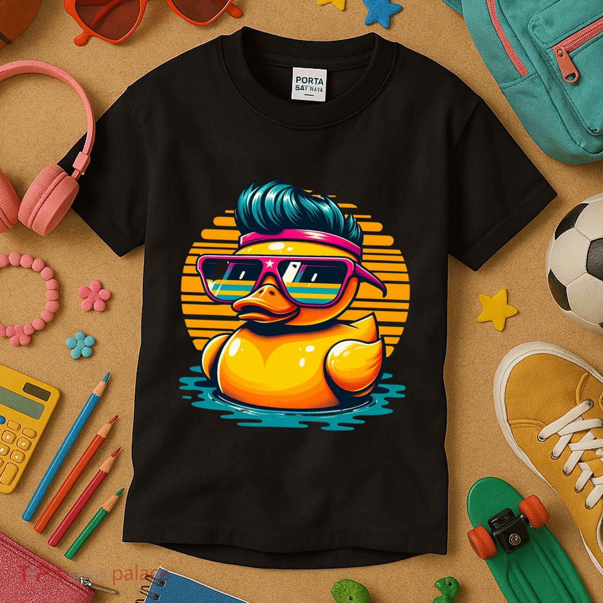 Cool Retro Yellow Duck In Sunglasses 70s 80s 90s Funny Duck Kids T-Shirt