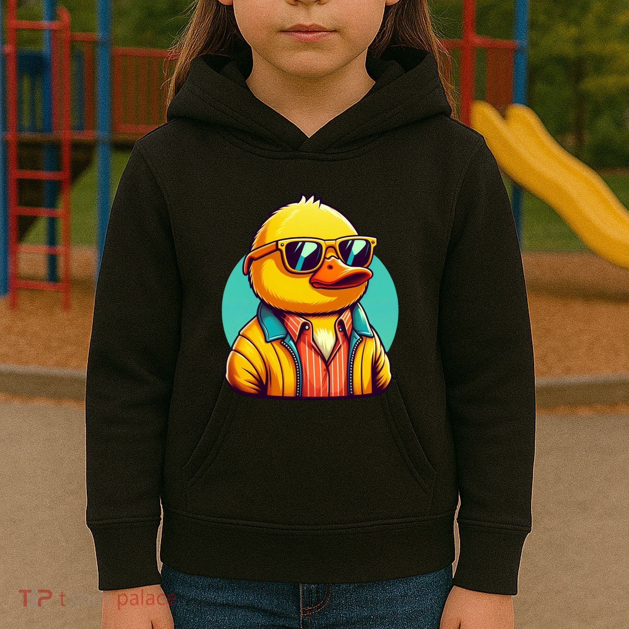 Cool Retro Yellow Duck In Sunglasses 70s 80s 90s Funny Duck Kids Hoodie