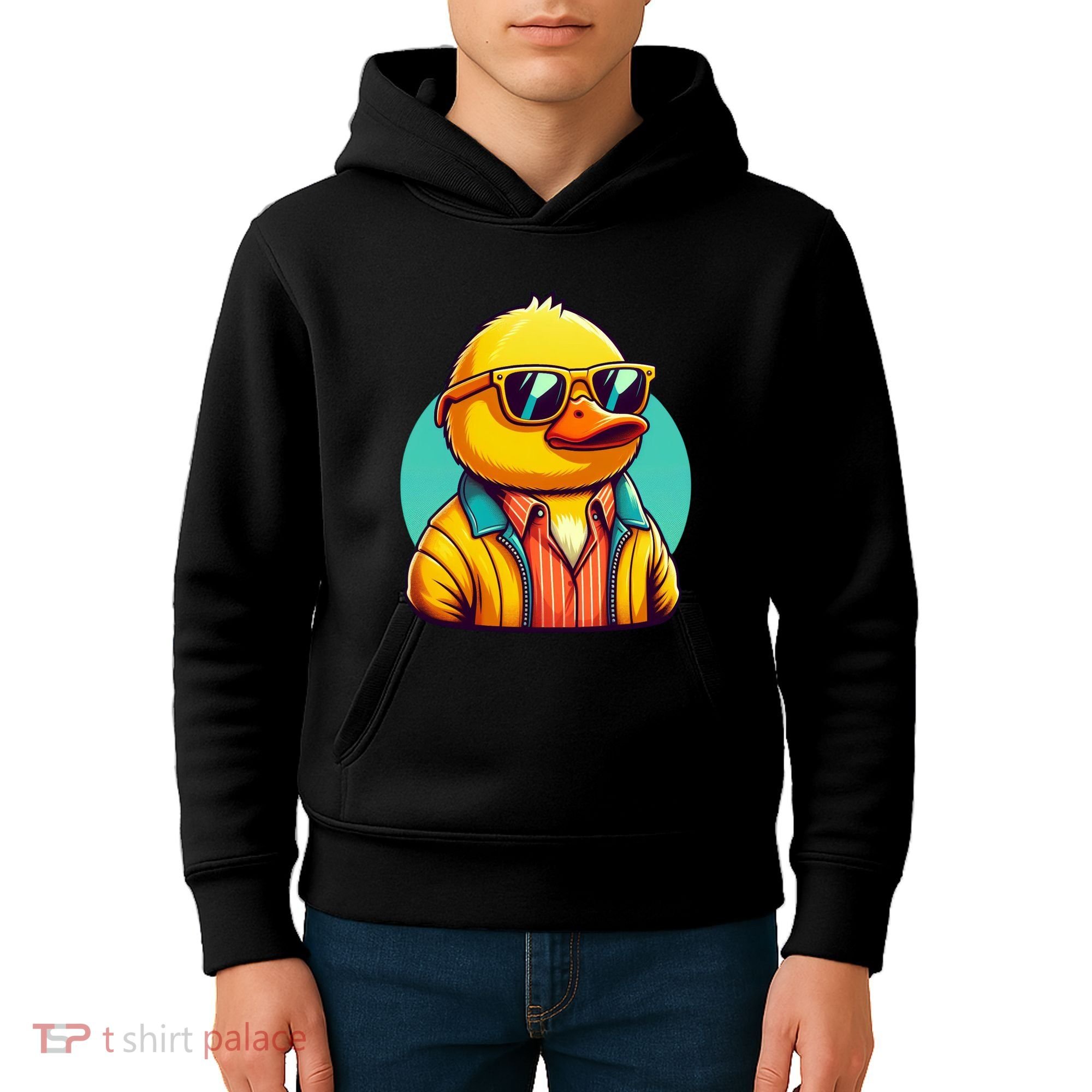 Cool Retro Yellow Duck In Sunglasses 70s 80s 90s Funny Duck Kids Hoodie